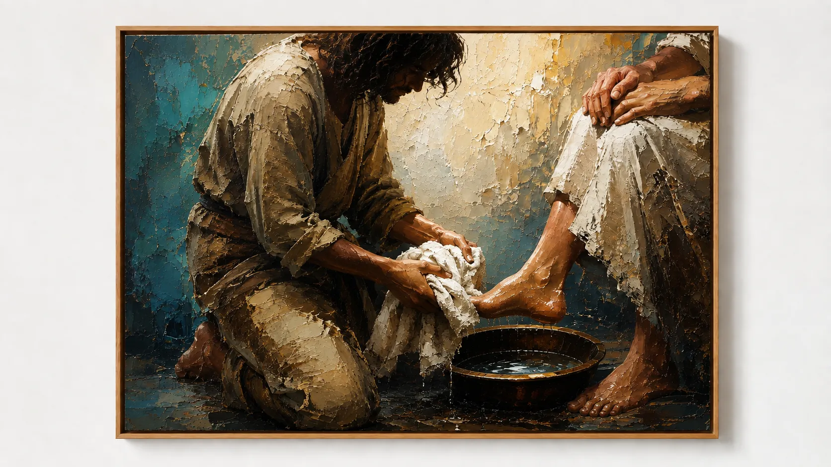 A framed artistic depiction of Jesus kneeling to wash a man’s feet, in warm gold and blue tones